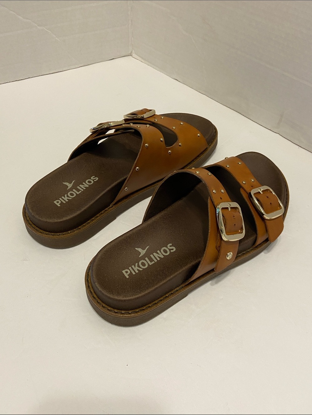 Pikolinos Aitana Brandy leather flat sandals, buckle rivet detail Size 7.5 / 8 - Picture 9 of 13